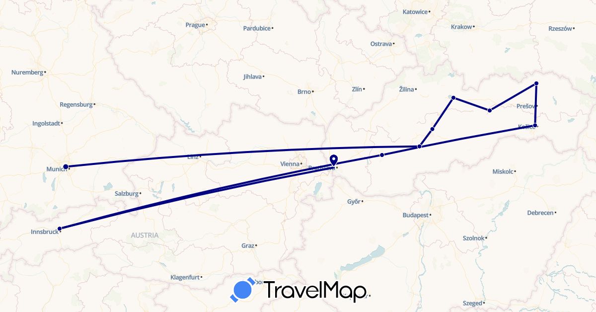 TravelMap itinerary: driving in Austria, Germany, Slovakia (Europe)